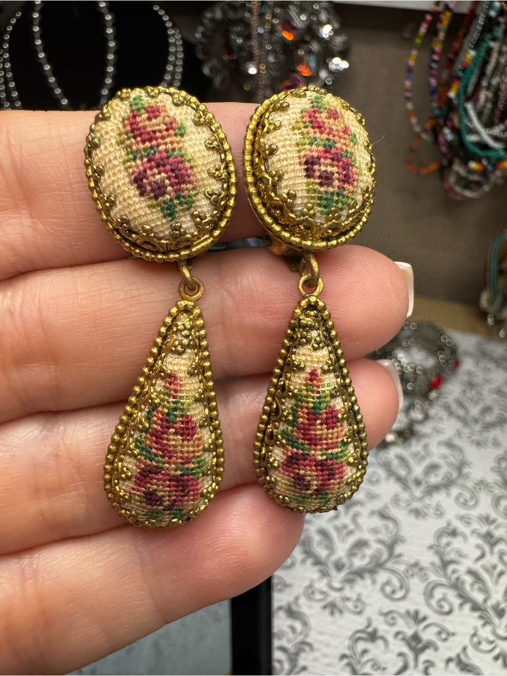 Vintage Petite Point Embroidered Floral Drop Clip On Earrings - Gold and Pink